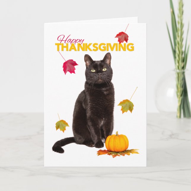 Cartes Pour Fêtes Annuelles Bon thanksgiving Cute Chat Noir Avec Feuilles D'Au (Devant)