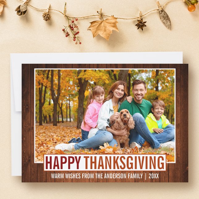 Cartes Pour Fêtes Annuelles Bon thanksgiving en bois rustique Photo famille (Customize to add text to back of card.)