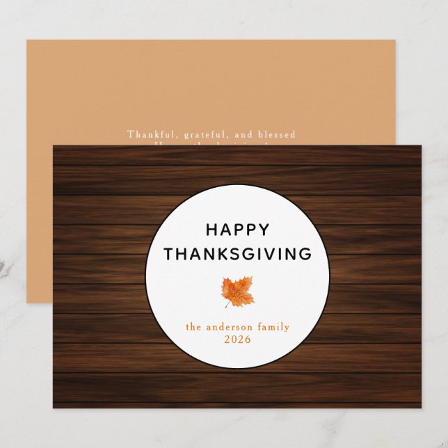 Cartes Pour Fêtes Annuelles Bon thanksgiving feuille d'automne en bois rustiqu (Devant / Derrière)