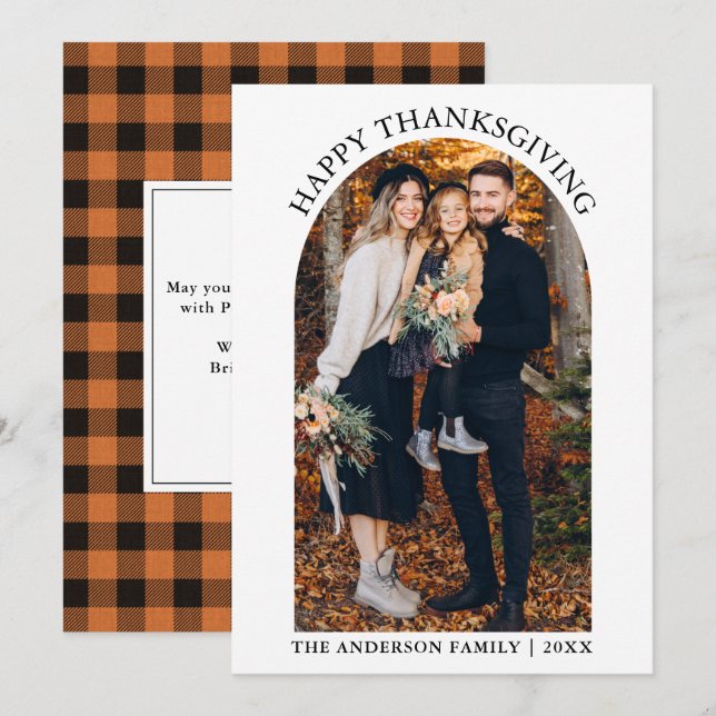 Cartes Pour Fêtes Annuelles Bon thanksgiving moderne Photo Arch Orange Plaid (Devant / Derrière)