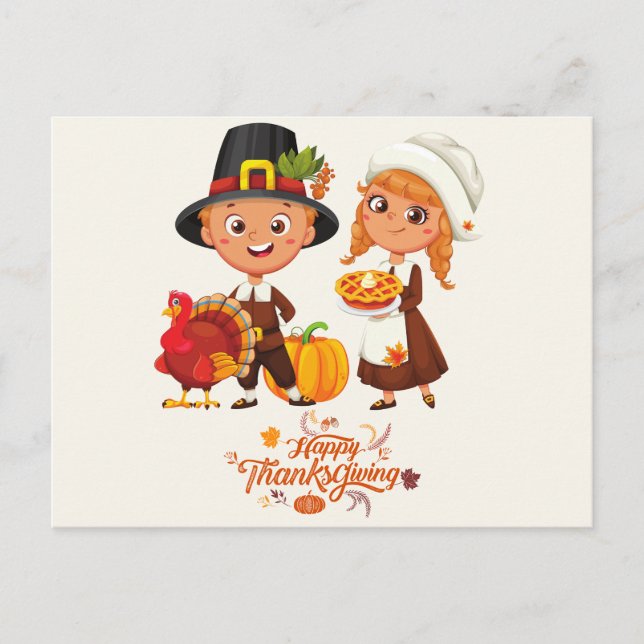Cartes Pour Fêtes Annuelles Bon thanksgiving Pèlerin mignon Couple (Devant)