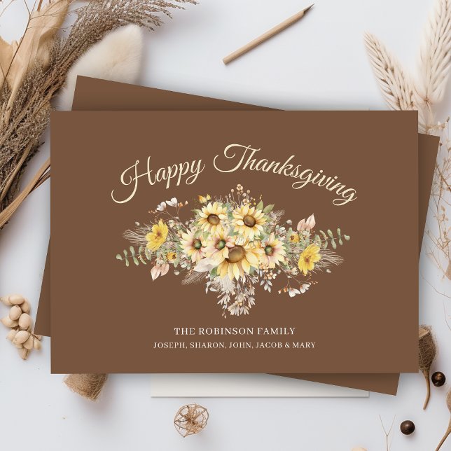 Cartes Pour Fêtes Annuelles Bon thanksgiving rustique des tournesols (rustic happy thanksgiving card with watercolor flowers and personalized family name or business)