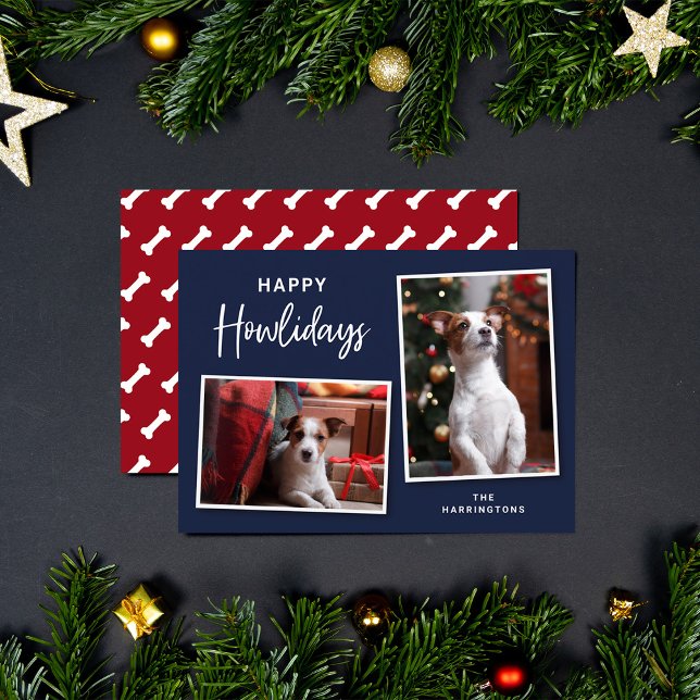 Cartes Pour Fêtes Annuelles Bones de Chien Bleu et Rouge Happy Howlidays Photo (Créateur téléchargé)