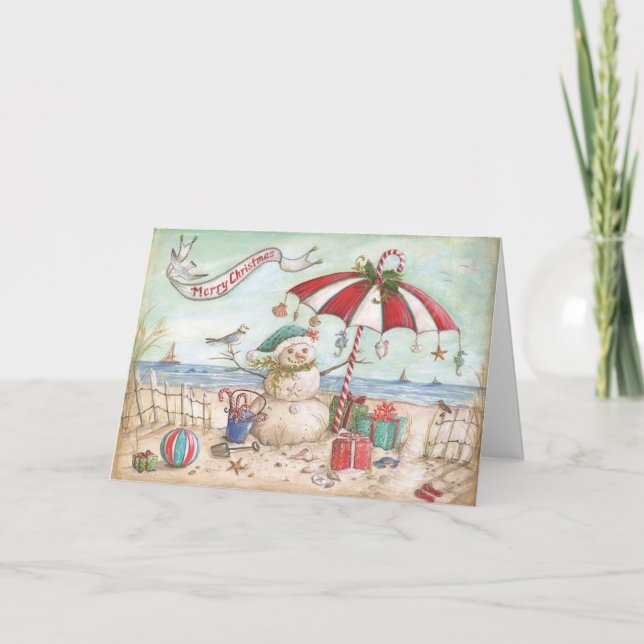 Cartes Pour Fêtes Annuelles Bonhomme de neige à la plage (Devant)