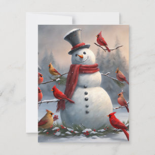 Cartes Pour Fêtes Annuelles Bonhomme de neige avec cardinaux rouges enneigé 