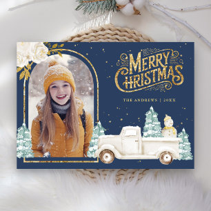 Cartes Pour Fêtes Annuelles Bonhomme de neige Camion blanc Or Noël Photo Bleu