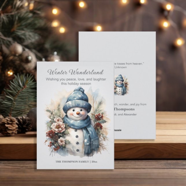 Cartes Pour Fêtes Annuelles Bonhomme de neige de l'Hiver Merveilleux Bleu Pous (Snowman Winter Wonderland custom Christmas greeting card )