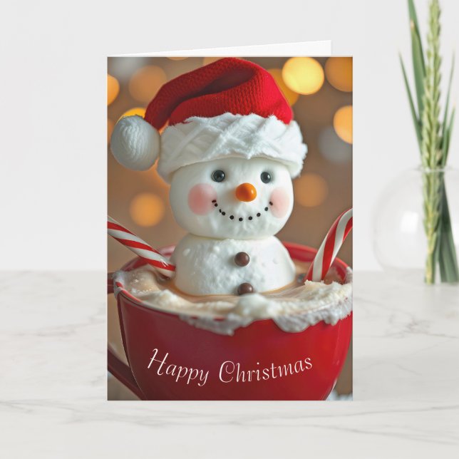 Cartes Pour Fêtes Annuelles Bonhomme de neige de Noël dans du chocolat chaud (Devant)