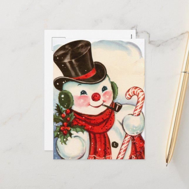 Cartes Pour Fêtes Annuelles bonhomme de neige de Noël rétro (Devant/Arrière en situation)