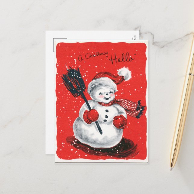 Cartes Pour Fêtes Annuelles bonhomme de neige de Noël rétro (Devant/Arrière en situation)