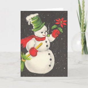 Cartes Pour Fêtes Annuelles Bonhomme de neige de Noël vintage avec fleur