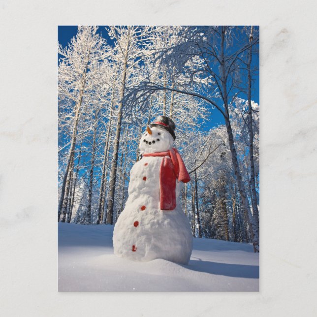 Cartes Pour Fêtes Annuelles Bonhomme de neige devant une forêt enneigée (Devant)