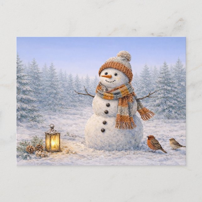 Cartes Pour Fêtes Annuelles Bonhomme de neige hivernal en aquarelle avec oisea (Devant)