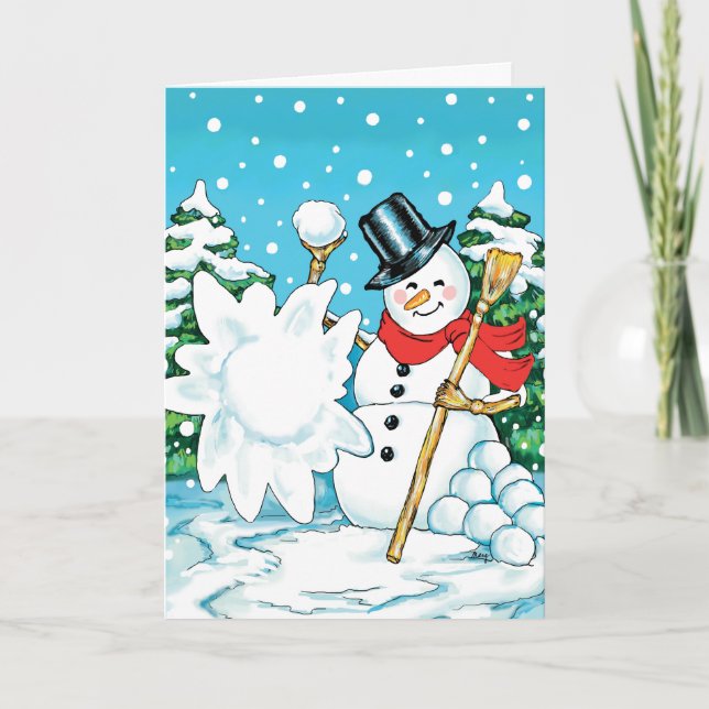 Cartes Pour Fêtes Annuelles Bonhomme de neige jetant un floc d'amusement (Devant)