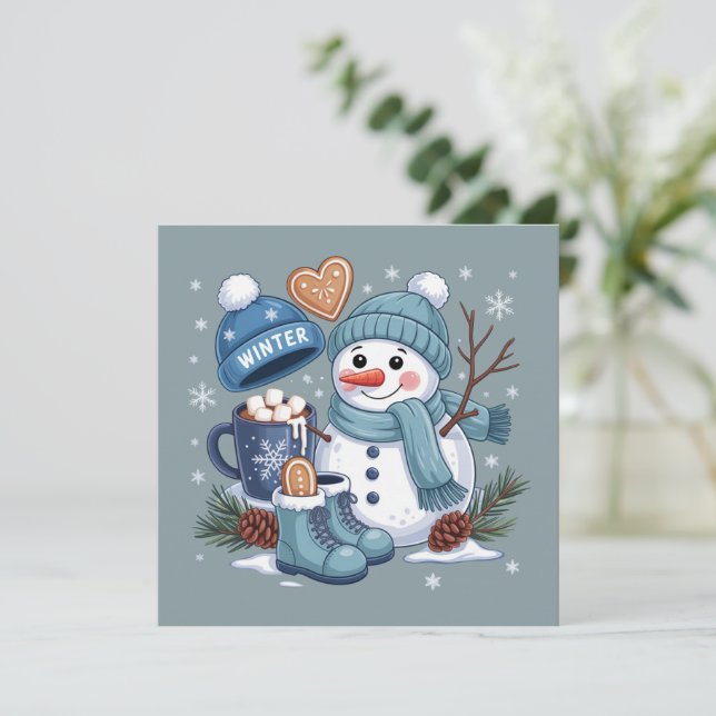 Cartes Pour Fêtes Annuelles Bonhomme de neige mignon ambiance saison hivernale (Debout devant)