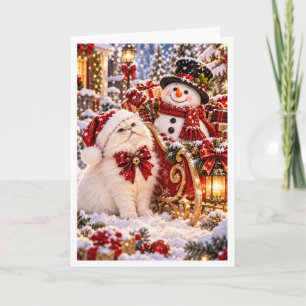 Cartes Pour Fêtes Annuelles Bonhomme de neige personnalisé & chat persan blanc