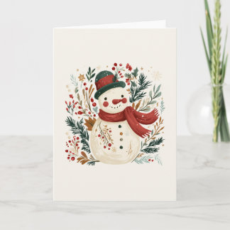 Cartes Pour Fêtes Annuelles Bonhomme de neige rétro avec chapeau vert et échar