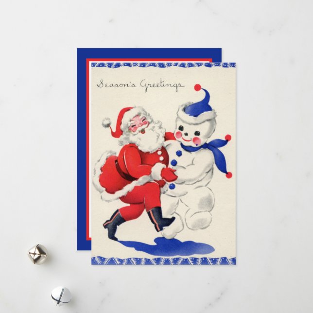 Cartes Pour Fêtes Annuelles bonhomme de neige rétro de Noël Père Noël (Devant/Arrière en situation)
