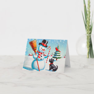 Cartes Pour Fêtes Annuelles Bonhomme de neige rétro, joli chien, cardinal roug