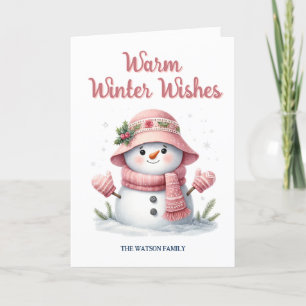 Cartes Pour Fêtes Annuelles Bonhomme de neige rose Vœux chaleureux d'hiver
