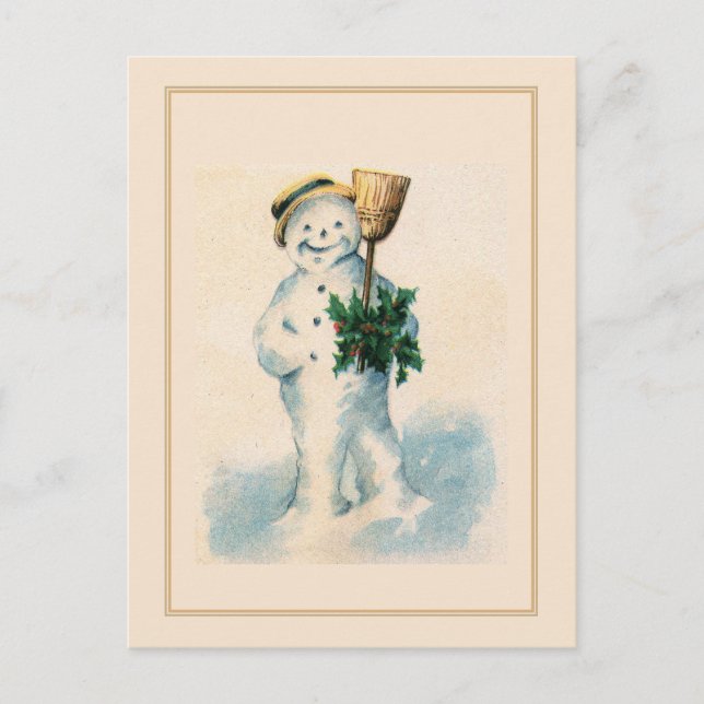 Cartes Pour Fêtes Annuelles Bonhomme de neige souriant balai de houx Noël vint (Devant)