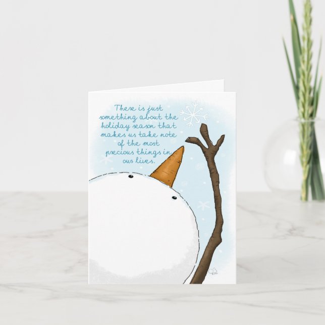 Cartes Pour Fêtes Annuelles Bonhomme de neige tend la main vers des choses pré (Devant)