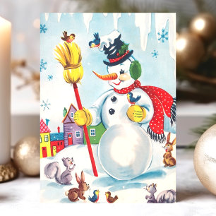 Cartes Pour Fêtes Annuelles Bonhomme de neige vintage et animaux des bois Mign