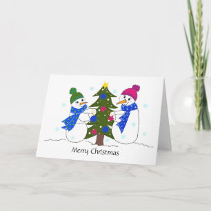 Cartes Pour Fêtes Annuelles Bonhommes de neige décorant un sapin de Noël