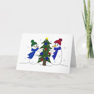 Cartes Pour Fêtes Annuelles Bonhommes de neige décorant un sapin de Noël