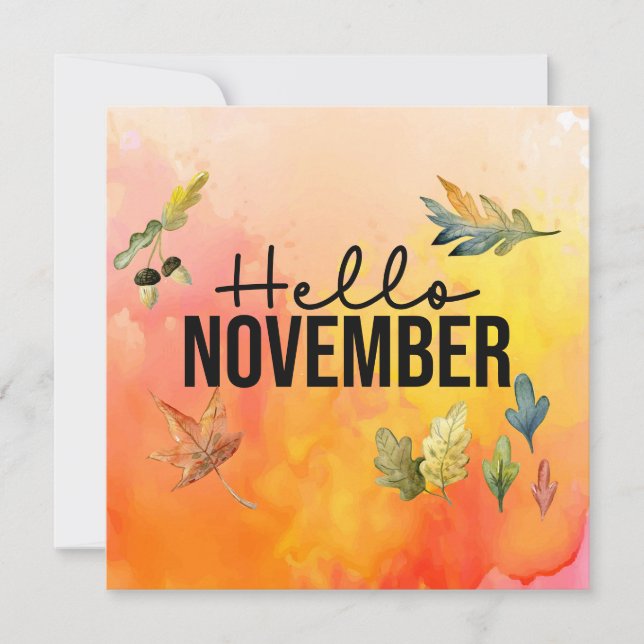 Cartes Pour Fêtes Annuelles Bonjour Novembre avec Falling Feuille aquarelle Ho (Devant)
