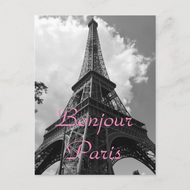 Cartes Pour Fêtes Annuelles Bonjour Paris Noir Blanc Tour Eiffel France (Devant)