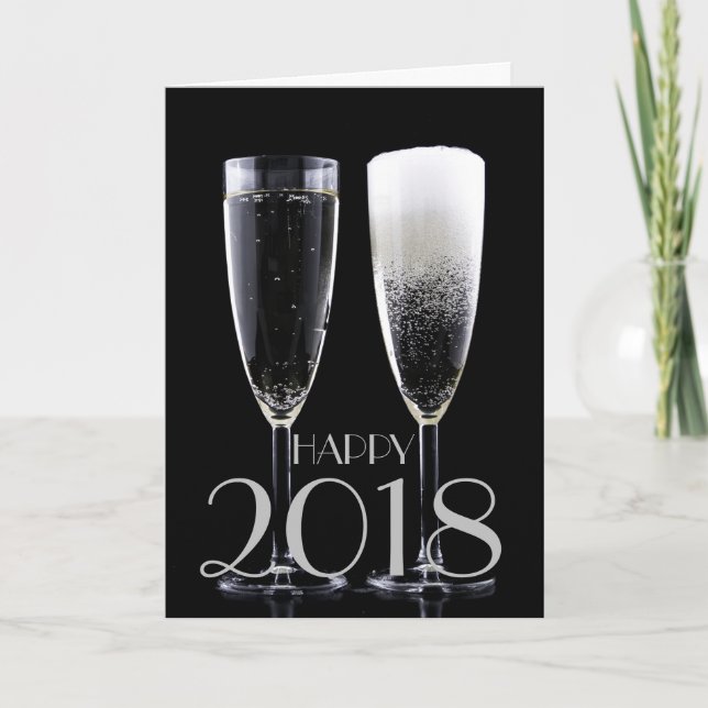 Cartes Pour Fêtes Annuelles Bonne année 2018 Flute de Champagne Blanc Noir (Devant)