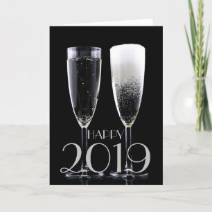 Cartes Pour Fêtes Annuelles Bonne année 2019 Flute de Champagne Blanc Noir