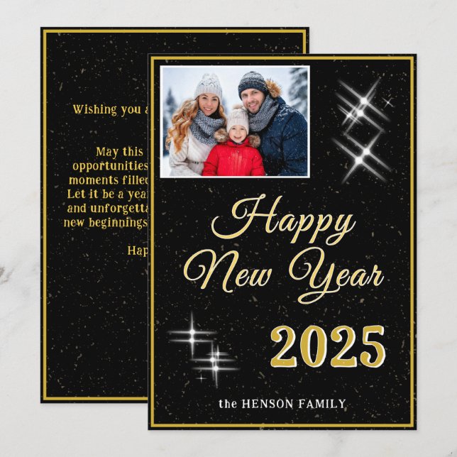 Cartes Pour Fêtes Annuelles Bonne année 2025 Photo Élégants Sparkles (Devant / Derrière)