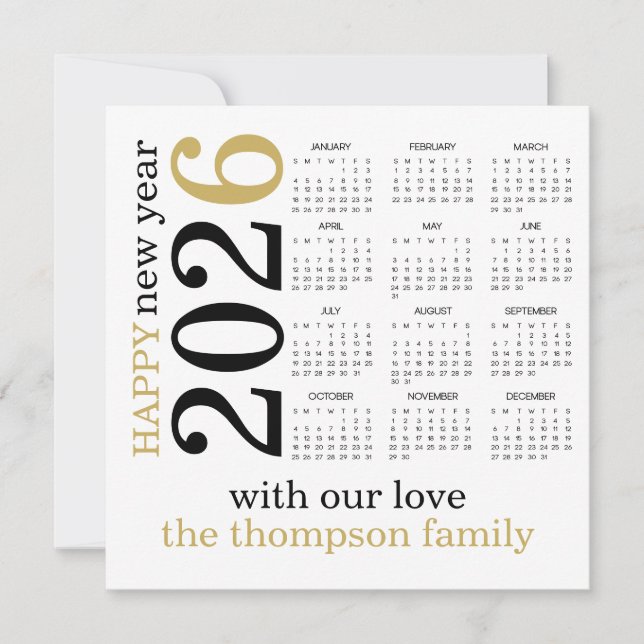 Cartes Pour Fêtes Annuelles Bonne année 2026 Gold White Calendrier (Devant)