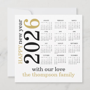 Cartes Pour Fêtes Annuelles Bonne année 2026 Gold White Calendrier