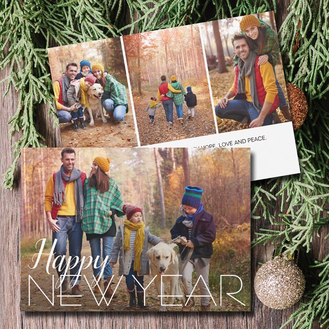 Cartes Pour Fêtes Annuelles Bonne année 4 Photo (Happy New Year 4 Photo Holiday Cards - Order INSTANT DOWNLOAD and/or PRINTED or both!)