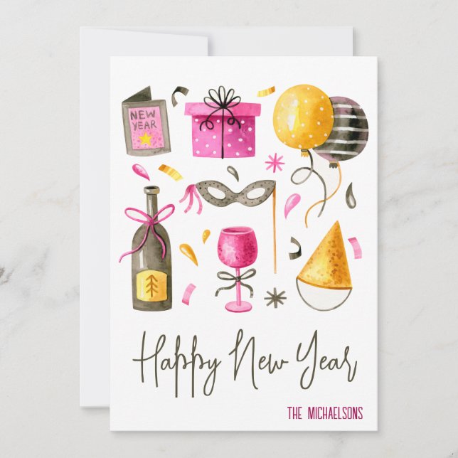 Cartes Pour Fêtes Annuelles Bonne Année Aquarelle (Devant)