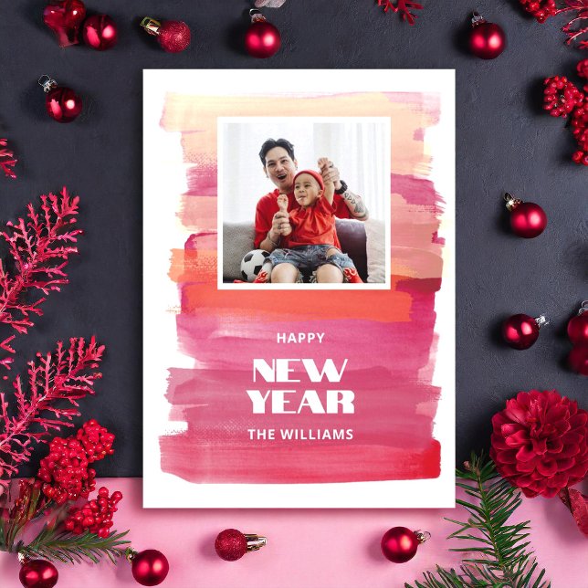 Cartes Pour Fêtes Annuelles Bonne Année Aquarelle Moderne Rose Noël (Happy New Year Modern Watercolor Pink Christmas Holiday Card)