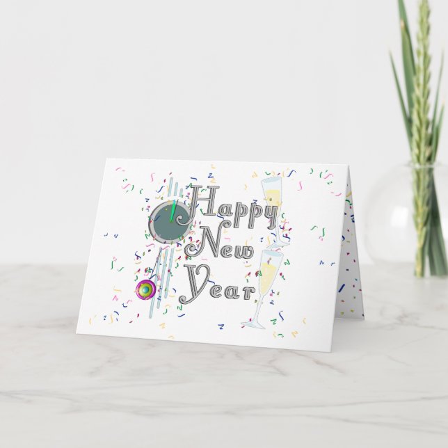 Cartes Pour Fêtes Annuelles Bonne Année Avec Champagne & Confetti (Devant)