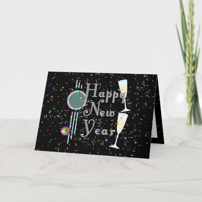 Cartes Pour Fêtes Annuelles Bonne année avec Champagne & Confetti (Devant)