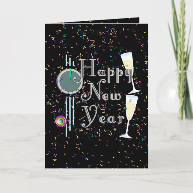 Cartes Pour Fêtes Annuelles Bonne année avec Champagne & Confetti (Devant)