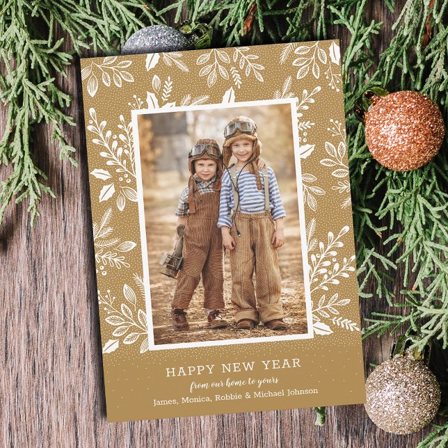 Cartes Pour Fêtes Annuelles Bonne année Botaniques sur Gold Photo (Happy New Year botanicals on gold photo cards - Order INSTANT DOWNLOAD and/or PRINTED or both!)