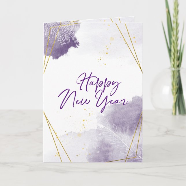 Cartes Pour Fêtes Annuelles Bonne Année Cadre Doré Aquarelle Violette (Devant)