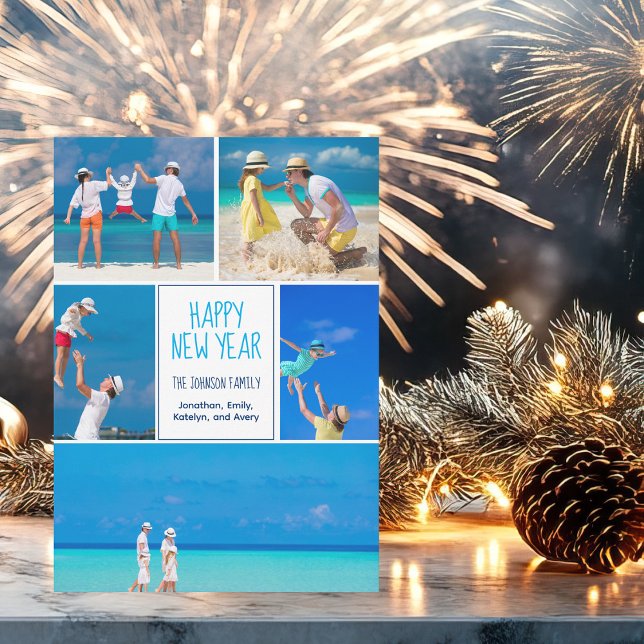 Cartes Pour Fêtes Annuelles Bonne Année Collage Photo Moderne 5 Famille (Créateur téléchargé)
