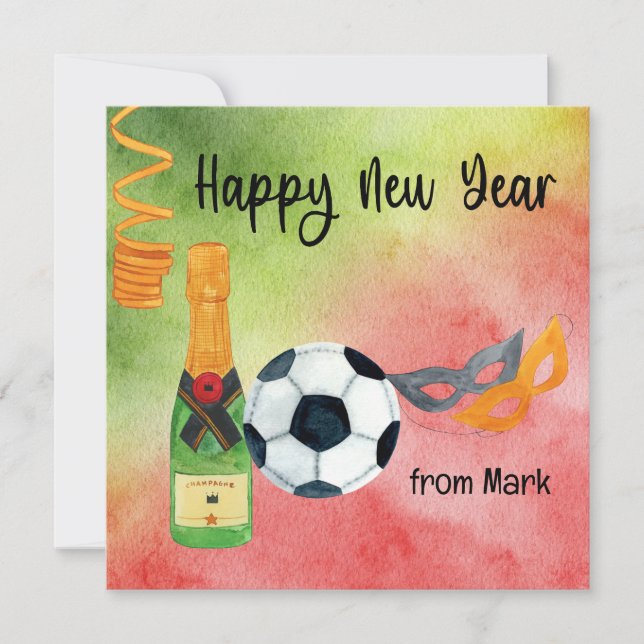 Cartes Pour Fêtes Annuelles Bonne année de football avec ballon et champagne  (Devant)