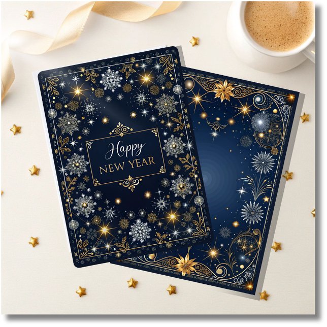 Cartes Pour Fêtes Annuelles Bonne Année Élégante Noir, Bleu & Or (elegant blue and gold happy new year card, sophisticated holiday greeting card, stylish new y)