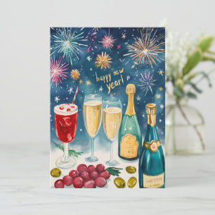 Cartes Pour Fêtes Annuelles BONNE ANNÉE Feux d'artifice Aquarelle Bulles