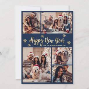 Cartes Pour Fêtes Annuelles Bonne Année Flocon de Neige Navy Or Collage Photo
