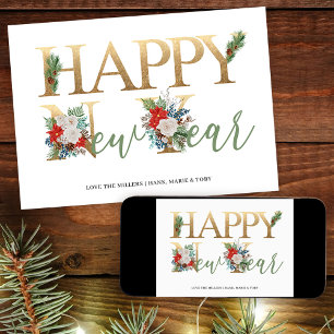 Cartes Pour Fêtes Annuelles Bonne année Gold Green Poinsettia et Pine